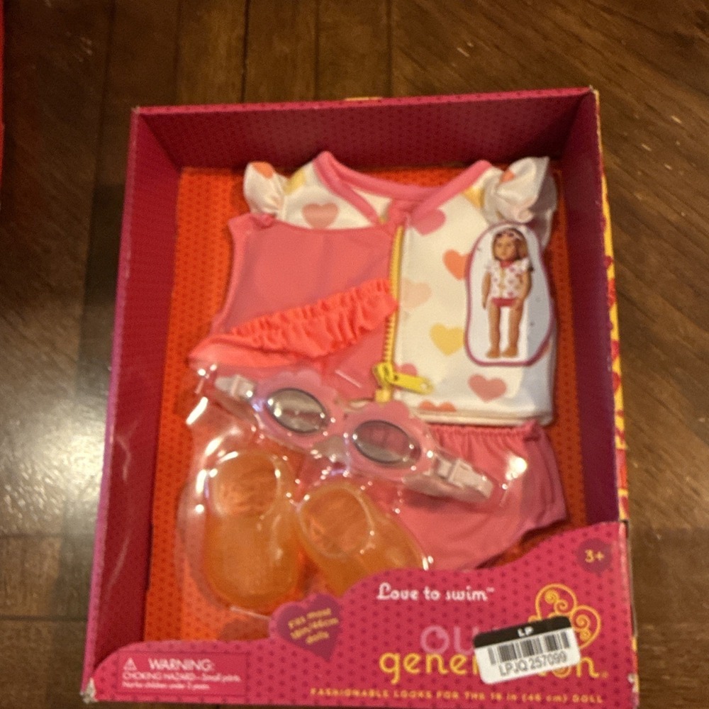 Our Generation 18in Doll Pink Swimwear Set w/ Swimsuit Shoes & Goggles 3+